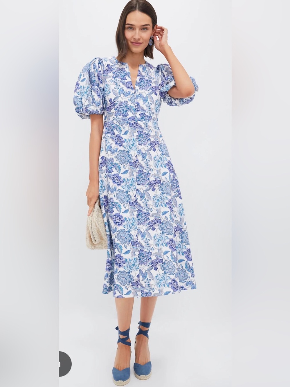 Hyacinth House Steel Blue Floral Puff-Sleeve Midi Dress -